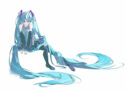  1girl absurdly_long_hair absurdres aqua_eyes aqua_hair aqua_nails aqua_necktie aqua_trim bare_shoulders black_boots black_skirt black_sleeves boots detached_sleeves fingernails full_body grey_shirt hair_ornament hatsune_miku highres long_hair looking_at_viewer nail_polish necktie number_tattoo pleated_skirt shirt shoulder_tattoo simple_background sin_090 skirt sleeveless sleeveless_shirt solo tattoo thigh_boots twintails very_long_hair vocaloid white_background wide_sleeves wing_collar zettai_ryouiki 