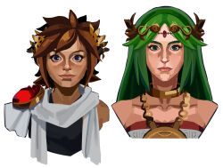  1boy 1girl absurdres blue_eyes chain circlet cropped_shoulders gold_chain green_eyes green_hair highres jewelry kid_icarus kid_icarus_uprising laurel_crown looking_at_viewer palutena pendant pit_(kid_icarus) portrait realistic scarf simple_background surachibee white_background white_scarf 
