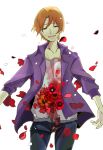  1boy black_eyes blood fate/zero fate_(series) flower hankenyoudayo jacket orange_hair purple_jacket solo uryuu_ryuunosuke 
