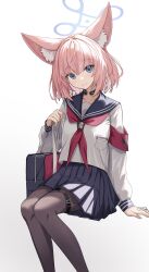 1girl absurdres animal_ear_fluff animal_ears armband bag black_bag black_pantyhose blue_archive blue_eyes blue_halo blue_sailor_collar blue_skirt closed_mouth commentary fox_ears fox_girl halo highres holding holding_bag looking_at_viewer multicolored_bag neckerchief niko_(blue_archive) pantyhose pink_hair pleated_skirt red_armband red_bag red_neckerchief sailor_collar school_uniform serafuku shirt short_hair shoulder_bag skirt smile solo thigh_strap toki_(yoyobozi) white_background white_shirt 