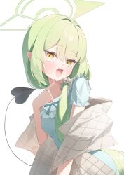  1girl absurdres black_tail blue_archive blue_nightgown blue_ribbon blush brown_scrunchie demon_tail dot_nose fang finger_to_own_chin frilled_nightgown green_hair green_halo grid_shawl hair_between_eyes halo happy head_tilt highres ixia559 long_hair looking_at_viewer low_side_ponytail nightgown nozomi_(blue_archive) nozomi_(kujibikido)_(blue_archive) official_alternate_costume open_mouth pointy_ears ribbon scrunchie side_ponytail simple_background skin_fang solo standing tail upper_body very_long_hair white_background yellow_eyes 
