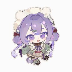  1girl :3 :d blush_stickers bow braid brown_dress cardigan center-flap_bangs character_request chibi chibi_only collar commentary copyright_request dress english_commentary flower green_cardigan hair_bow hair_flower hair_intakes hair_ornament hairclip highres jacket lace-trimmed_bow lace_trim long_hair long_sleeves open_clothes open_jacket purple_bow purple_hair red_bow simple_background smile solo tea_(teahrii) twin_braids violet_eyes white_background white_collar white_headdress 