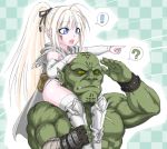  ! 1boy 1girl ? blue_eyes bridal_gauntlets cape carrying elf fingerless_gloves gloves harahachibu_ajinosuke long_hair muscle orc original pointing pointy_ears scar shoulder_carry yellow_eyes 