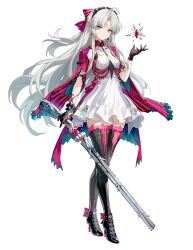  1girl ahoge aqua_eyes black_boots black_gloves boots bow breasts carlotta_(wuthering_waves) closed_mouth commentary dress earrings full_body gloves grey_hair gun hair_bow high_heel_boots high_heels highres holding holding_gun holding_weapon jacket jewelry long_hair looking_at_viewer medium_breasts official_art parted_bangs pink_bow pink_jacket pink_thighhighs rifle simple_background smile solo thigh-highs thigh_boots thighhighs_under_boots thighs transparent_background weapon white_background white_dress wuthering_waves 