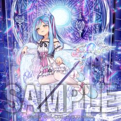  1girl :3 anonymous_(yu-gi-oh!) aqua_hair crystal_hair_ornament dress duel_monster frilled_dress frills fur_anklet fur_shawl long_hair mage_staff multicolored_hair off_shoulder official_art one_side_up pantyhose red_hair rilliona_(yu-gi-oh!) sample_watermark shawl sitting smug staff streaked_hair wand watermark white_pantyhose witchcrafter_madame_verre yu-gi-oh! 