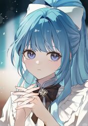  1girl absurdres akashi_myu aqua_hair bib_collar black_bow black_bowtie blue_eyes bow bowtie dress hair_bow high_ponytail highres indie_virtual_youtuber interlocked_fingers jeck_zero long_hair own_hands_together ponytail portrait solo upper_body virtual_youtuber white_bow white_dress 