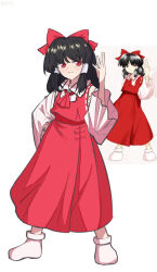  1girl ascot black_hair bow closed_mouth collared_shirt commentary_request detached_sleeves embodiment_of_scarlet_devil frilled_sleeves frills full_body hair_bow hair_tubes hakurei_reimu hand_on_own_hip long_sleeves medium_hair mikage_tsuki red_ascot red_bow red_eyes red_skirt red_vest serious shirt sidelocks simple_background skirt socks solo standing touhou vest white_background white_shirt white_sleeves white_socks wide_sleeves 