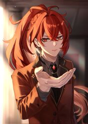  1boy black_necktie brown_shirt closed_mouth diluc_(genshin_impact) genshin_impact hair_between_eyes highres jacket long_hair long_sleeves male_focus necktie red_eyes red_hair red_jacket shirt smile solo warp226 