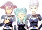  1girl 2boys alpha_(inazuma_eleven) aqua_hair beta_(inazuma_eleven) bust closed_eyes gamma_(inazuma_eleven) inazuma_eleven_(series) inazuma_eleven_go inazuma_eleven_go_chrono_stone long_hair multiple_boys no_pupils open_mouth pointy_ears protocol_omega short_hair smile yan&#039;yo_(yan&#039;yan&#039;yo) 