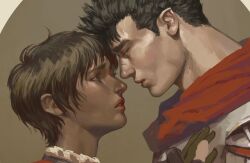  1boy 1girl armor berserk black_hair casca_(berserk) couple dark-skinned_female dark_skin guts_(berserk) holding_hands lipstick looking_at_another makeup princerevenant spiky_hair 