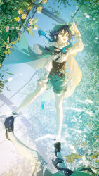  :d absurdres androgynous anemo_symbol_(genshin_impact) beret black_bow black_bowtie black_shoes blue_sky bow bowtie braid cape center_frills chinese_commentary collared_shirt commentary_request frills genshin_impact green_hat green_shorts hat highres loafers long_sleeves open_mouth pantyhose reflection shirt shoes shorts sky smile translation_request tuzhate twin_braids venti_(genshin_impact) vision_(genshin_impact) white_pantyhose 