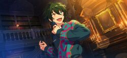  1boy animal_print blue_eyes bookshelf candle ensemble_stars! fingernails game_asset green_hair hair_between_eyes happy_elements heterochromia kagehira_mika leopard_print long_sleeves male_focus official_art open_mouth orange_eyes orugooru_(ensemble_stars!) picture_frame short_hair smile solo sweater teeth third-party_source upper_body upper_teeth_only 