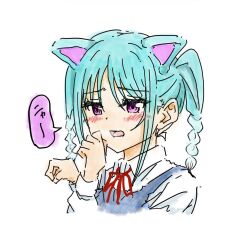  1girl animal_ears aqua_hair blush braid braided_twintails cat_day cat_ears cat_girl collared_shirt commentary_request dot_nose dress dress_shirt embarrassed grey_dress hands_up highres kemonomimi_mode lone_nape_hair long_sleeves love_live! love_live!_superstar!! low_twin_braids medium_hair neck_ribbon onitsuka_tomari open_mouth paw_pose pink_eyes portrait raised_inner_eyebrows red_ribbon ribbon school_uniform shamu_36 shirt short_dress sidelocks simple_background sketch solo speech_bubble twin_braids white_background white_shirt winter_uniform yuigaoka_school_uniform 
