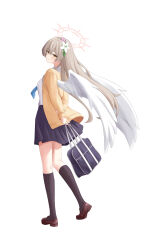  1girl absurdres arms_behind_back bag black_socks blonde_hair blue_archive blue_bag blue_skirt blush brown_shoes closed_mouth commentary feathered_wings flower hair_flower hair_ornament halo hand_on_own_arm highres holding holding_bag hong_su0 jacket kneehighs long_hair nagisa_(blue_archive) pink_flower pink_halo school_bag shirt shoes skirt smile socks solo very_long_hair white_flower white_shirt white_wings wings yellow_eyes yellow_jacket 