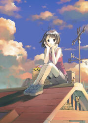  1girl antenna_hair bag bare_arms bird bird_nest bird_request black-eyed_susan blue_shoes blue_sky brown_bag brown_eyes brown_hair brown_shorts closed_mouth clouds commentary_request evening flower flower_basket hands_on_own_cheeks hands_on_own_face hands_up highres kikuchi_yume knees_up looking_at_viewer mahou_tsukai_ni_taisetsu_na_koto official_art on_roof outdoors pink_shirt purple_flower red_flower sailor_collar shirt shoes short_hair shorts sitting sitting_on_roof sky sleeveless sleeveless_shirt smile sneakers socks solo venus_(planet) weather_vane white_sailor_collar white_socks yellow_bird yellow_flower yoshizuki_kumichi 