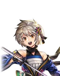  1girl :d akane_(another_eden) another_eden another_eden_art_team breasts drawing_sword grey_hair hair_between_eyes hair_ornament holding holding_sword holding_weapon japanese_clothes katana kimono long_sleeves looking_at_viewer lowres obi official_art open_clothes open_kimono open_mouth orange_eyes sash short_hair simple_background small_breasts smile solo sword tachi-e teeth third-party_source transparent_background upper_body upper_teeth_only variant_set weapon wide_hips 
