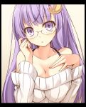  1girl bare_shoulders bespectacled blush breasts cleavage collarbone crescent exe_(xe) glasses large_breasts long_hair long_sleeves looking_at_viewer patchouli_knowledge purple_hair ribbed_sweater solo sweater touhou violet_eyes 