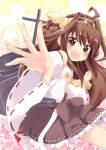  1girl ahoge bare_shoulders blush brown_hair detached_sleeves double_bun hair_ornament hairband japanese_clothes kantai_collection kongou_(kantai_collection) long_hair massala open_mouth personification skirt smile solo 