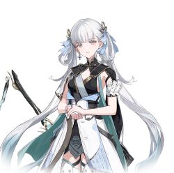  1girl black_dress boots breasts coat colored_eyelashes cropped dragon_horns dress eastern_dragon_horns grey_eyes hair_rings horns jinhsi_(wuthering_waves) long_hair looking_at_viewer medium_breasts mole mole_on_cheek official_art solo thigh_boots transparent_background upper_body white_coat white_eyelashes white_hair wuthering_waves 