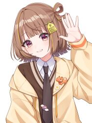  1girl absurdres blush brown_hair collared_shirt eno_nuo hair_ornament hair_rings highres hood jacket long_sleeves looking_at_viewer multicolored_hair necktie sendo_yuuhi shirt short_hair simple_background single_hair_ring skirt smile solo streaked_hair virtual_youtuber vspo! white_background yellow_jacket 