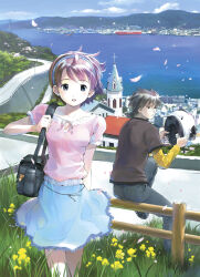  1boy 1girl bag bag_charm black_bag black_eyes black_hair black_shirt black_shoes blue_eyes blue_hairband blue_pants blue_skirt boat brown_hair charm_(object) city commentary_request denim falling_petals flower hairband helmet highres holding holding_unworn_helmet jeans layered_sleeves long_sleeves mahou_tsukai_ni_taisetsu_na_koto matsuo_nami motorcycle_helmet nagasaki ocean official_art on_fence open_mouth outdoors pants parted_lips petals pink_shirt road shirt shirt_tucked_in shoes short_hair short_over_long_sleeves short_sleeves shoulder_bag sitting sitting_on_fence skirt smile spiky_hair standing tominaga_ryuutarou unworn_headwear unworn_helmet watercraft yellow_flower yellow_shirt yoshizuki_kumichi 
