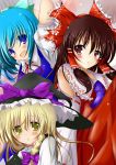  3girls bare_shoulders blonde_hair blue_eyes blue_hair blush bow braid brown_eyes brown_hair cirno detached_sleeves hair_bow hair_ribbon hair_tubes hakurei_reimu hat hat_bow kirisame_marisa multiple_girls ribbon side_braid t_(dyuhuhudyukusi) touhou witch_hat yellow_eyes 