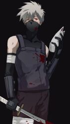  1boy black_background blood blood_on_clothes commentary_request cowboy_shot fox_mask gloves grey_hair hatake_kakashi highres holding holding_mask holding_sword holding_weapon katana konohagakure_anbu_uniform male_focus mask mouth_mask naruto_(series) ninja ninja_mask one_eye_closed scar scar_across_eye scar_on_face sharingan solo standing sushirice_0 sword vest weapon 