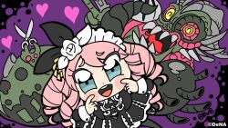  1girl :d bkub black_dress black_ribbon blush_stickers chibi chibi_only commentary_request copyright_notice dress green_eyes hair_ribbon long_hair long_sleeves looking_at_viewer maid_headdress marbas_(megido72) megido72 open_mouth pink_hair pointing pointing_at_self purple_background ribbon second-party_source smile 