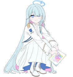  1girl absurdres blue_archive blue_eyes blue_hair blue_halo boots closed_mouth colored_inner_hair commentary_request envelope general_student_council_president_(blue_archive) hair_over_one_eye halo highres holding holding_envelope light_smile long_hair looking_at_viewer multicolored_hair one_eye_covered pink_hair r_qr shirt shoulder_strap simple_background solo squatting very_long_hair white_background white_boots white_shirt 