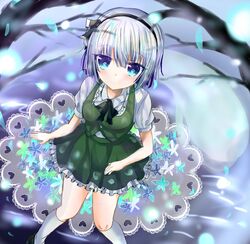  1girl bare_tree blue_eyes expressionless flower hair_ribbon hitodama kneehighs konpaku_youmu konpaku_youmu_(ghost) light_particles looking_at_viewer ohitashi ribbon short_hair short_sleeves silver_hair sitting skirt skirt_set solo touhou tree 