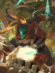  1boy absurdres armor attack black_eyes blonde_hair commentary_request energy_sword forehead_jewel full_body golem_(mega_man) hand_on_ground helmet highres holding holding_sword holding_weapon long_hair male_focus mega_man_(series) mega_man_zero_(series) mega_man_zero_1 omochi_(mochi_skymega) red_armor red_helmet slashing solo solo_focus sword weapon z_saber zero(z)_(mega_man) zero_(mega_man) 