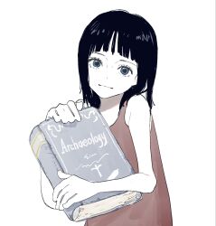  1girl blue_eyes book dress highres holding holding_book looking_at_viewer needbee_r nico_robin one_piece red_dress simple_background solo 