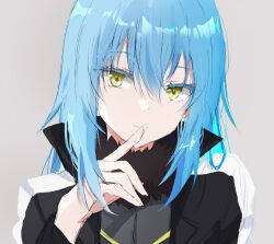  1other ambiguous_gender black_jacket black_shirt closed_mouth colored_eyelashes commentary_request finger_to_mouth grey_background jacket long_hair looking_at_viewer rimuru_tempest shirt smile solo tensei_shitara_slime_datta_ken yellow_eyes yoshino_nemu 