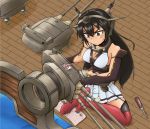  1girl bare_shoulders black_hair breasts brown_hair elbow_gloves fairy_(kantai_collection) gloves headgear kantai_collection kasupikai large_breasts long_hair nagato_(kantai_collection) navel personification red_eyes screwdriver solo thighhighs 