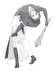  1girl apron black_apron black_bodice black_boots black_capelet black_gloves black_hood boots capelet closed_mouth coif commentary_request elbow_gloves elden_ring elden_ring_nightreign flanged_mace full_body gloves greyscale highres holding holding_mace holding_weapon looking_at_viewer looking_down mace monochrome nun open_mouth solo standing undertaker_(elden_ring) weapon white_background white_coif yiyunxp 