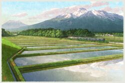  blue_sky border building clouds commentary_request day field forest grass grey_border house japan landscape mountain mugumo_24k nature niigata_prefecture no_humans original outdoors power_lines railroad_tracks real_world_location reflection reflective_liquid revision rice_paddy scenery sky train tree 
