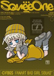  1girl :3 aqua_eyes aqua_pupils boots brown_background bucket_hat character_name chi_root8root82 closed_mouth clothes_around_waist commentary copyright_name dotted_background english_text eyelashes font_bad_girl_squad full_body gloves grey_boots grey_gloves grey_hair grey_shirt hands_on_own_face hat head_rest highres lying on_stomach shirt short_hair short_sleeves smile solo squeeone_(fbgs) striped_clothes striped_hat striped_headwear twitter_username untranslatable_commentary vertical-striped_clothes vertical-striped_hat vertical-striped_headwear yellow_hat 