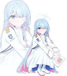  1girl absurdres blue_archive blue_eyes blue_hair blue_halo blush boots closed_mouth colored_inner_hair commentary_request envelope general_student_council_president_(blue_archive) hair_over_one_eye halo highres holding holding_envelope light_smile long_hair looking_at_viewer multicolored_hair one_eye_covered pink_hair r_qr recruitment_(blue_archive) shirt shoulder_strap simple_background skirt smile squatting very_long_hair white_background white_boots white_shirt white_skirt zoom_layer 