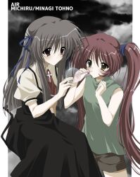  2000s_(style) 2girls air_(visual_novel) ascot black_dress blowing_bubbles blue_ribbon bubble bubble_pipe character_name copyright_name cross dress faux_retro_artstyle grey_hair hair_between_eyes hair_ribbon highres latin_cross long_hair michiru_(air) multiple_girls puffy_short_sleeves puffy_sleeves red_ascot red_eyes red_hair ribbon school_uniform shirt short_sleeves sleeveless sleeveless_shirt takanashi_(takanya_shi) toono_minagi twintails yellow_eyes 