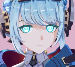  :| absurdres blue_coat blue_hair bolt_(hardware) closed_mouth coat dieshannn genshin_impact highres ineffa_(genshin_impact) pink_background portrait robot tagme 