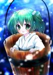  1girl blue_background blush bucket fingernails green_eyes green_hair hair_bobbles hair_ornament highres in_bucket in_container japanese_clothes kimono kisume light_particles lips looking_at_viewer nekodanukoko obi parted_lips solo touhou twintails 
