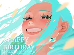  1girl aqua_hair brown_eyes clenched_teeth commentary_request dated earrings eyelashes falling_petals happy_birthday highres hisarakanoi jewelry long_hair nefertari_vivi one_piece petals sidelocks smile solo teeth 