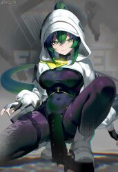  1girl absurdres arknights arknights:_endfield black_gloves bodysuit breasts closed_mouth covered_navel fingerless_gloves fluorite_(arknights) gloves green_eyes green_hair hair_between_eyes heca_(pixiv_100376586) highres hood hood_up jacket large_breasts long_hair long_sleeves looking_at_viewer ponytail rain smile solo squatting tail thigh_strap wet white_jacket 