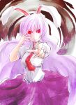  1girl animal_ears breasts dress_shirt glowing glowing_eyes highres kakao_(noise-111) large_breasts lavender_hair necktie pointing pointing_at_viewer pointing_forward rabbit_ears red_eyes reisen_udongein_inaba shirt skirt touhou very_long_hair 