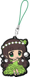  1girl air_bubble anklet bare_shoulders blunt_bangs brown_hair bubble character_name charm_(object) chibi clam_shell_ornament closed_mouth copyright_logo copyright_notice detached_sleeves dress frilled_dress frilled_sleeves frills full_body gochuumon_wa_usagi_desu_ka? green_dress green_eyes green_ribbon hair_ribbon head_chain jewelry layered_dress logo long_dress long_hair looking_at_viewer official_art ribbon short_sleeves simple_background smile solo standing steepled_fingers strapless strapless_dress ujimatsu_chiya white_background 