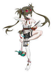 1girl absurdres bandaged_arm bandaged_leg bandages bare_shoulders barefoot bowl brown_hair chinese_clothes chinese_commentary chopsticks commentary_request eyewear_on_head feet food full_body green_eyes highres holding holding_chopsticks jewelry long_hair nail_polish navel original red_nails see-through_clothes shorts simple_background single_thighhigh solo standing standing_on_one_leg sunglasses thigh-highs thigh_strap toenail_polish toenails toes twintails whenger 