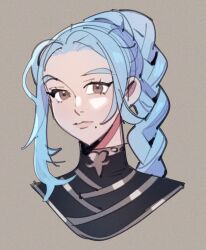  1girl blue_hair braid braided_ponytail brown_eyes closed_mouth commentary english_commentary expressionless fire_emblem fire_emblem:_fortune's_weave grey_background long_hair looking_at_viewer mole mole_under_mouth portrait shy-shortcake simple_background solo ursula_(fire_emblem:_fortune's_weave) 