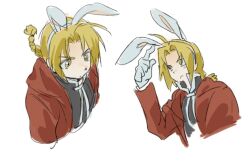  1boy ahoge animal_ears blonde_hair braid braided_ponytail coat edward_elric fake_animal_ears fullmetal_alchemist gloves male_focus multiple_views rabbit_ears red_coat sketch solo white_background xyynwlwsbc yellow_eyes 