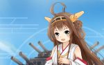  1girl ahoge bare_shoulders brown_hair clouds detached_sleeves double_bun hair_ornament hairband headgear japanese_clothes kantai_collection kongou_(kantai_collection) long_hair nontraditional_miko open_mouth personification rei-en skirt sky solo 