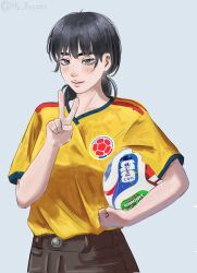  1girl ball black_hair blue_hair blush breasts brown_pants chainsaw_man highres medium_breasts mitaka_asa mr_axzzel pants shirt simple_background soccer_ball solo v white_background yellow_shirt 